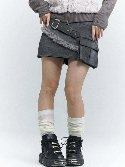 Wind Chaser Pu Leather Skirt With Diamond Trim Side Pockets