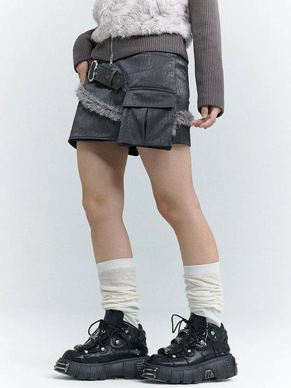 Wind Chaser Pu Leather Skirt With Diamond Trim Side Pockets