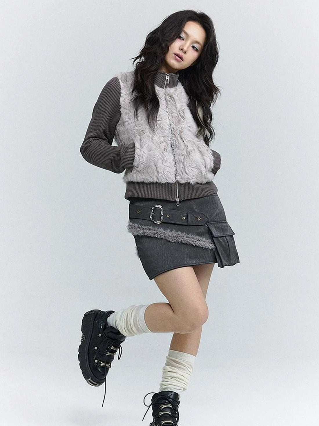 Wind Chaser Pu Leather Skirt With Diamond Trim Side Pockets