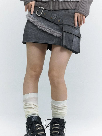 Wind Chaser Pu Leather Skirt With Diamond Trim Side Pockets