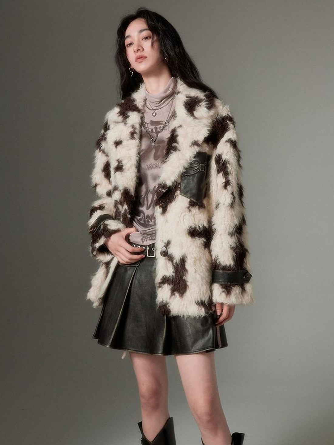 DIDDI MODA Winter Animal Print Faux Fur Blazer Coat