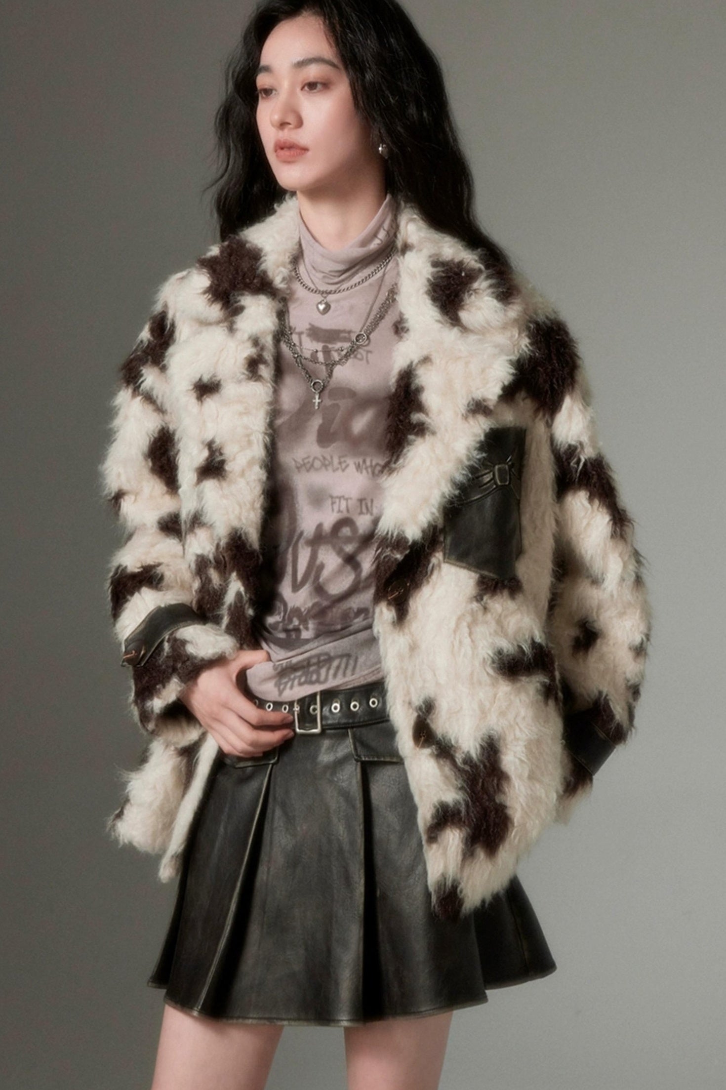 DIDDI MODA Winter Animal Print Faux Fur Blazer Coat