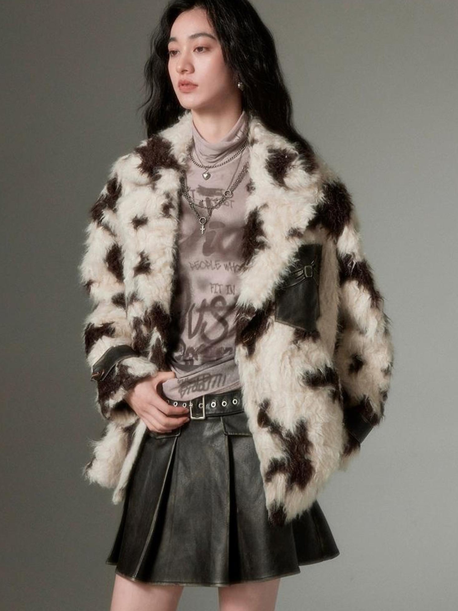 DIDDI MODA Winter Animal Print Faux Fur Blazer Coat