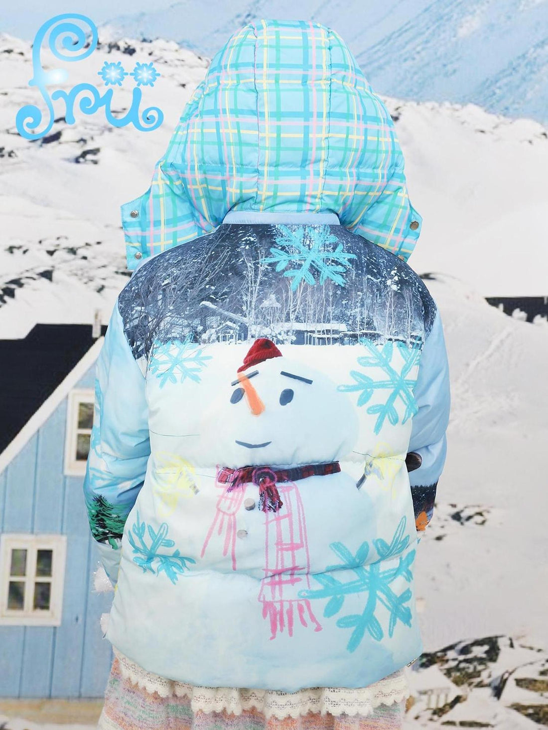 Frufru Gulu Winter Blue Snowman Print White Duck Down Jacket