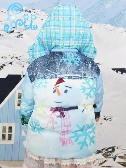 Frufru Gulu Winter Blue Snowman Print White Duck Down Jacket