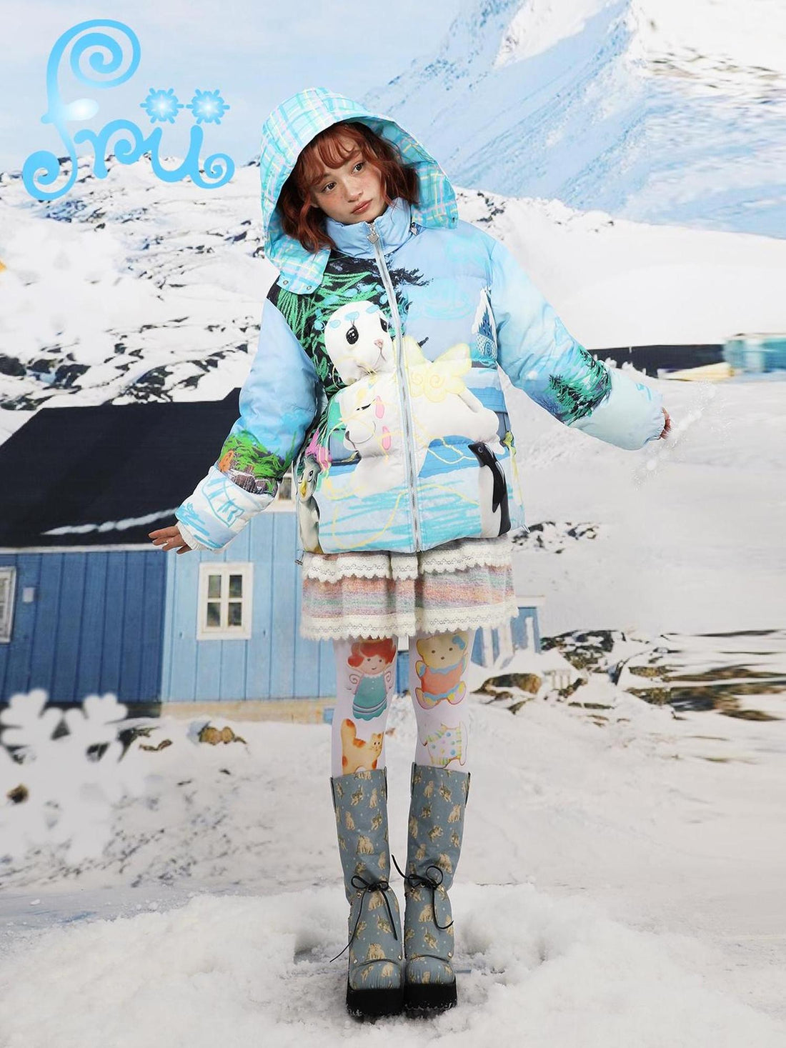 Frufru Gulu Winter Blue Snowman Print White Duck Down Jacket