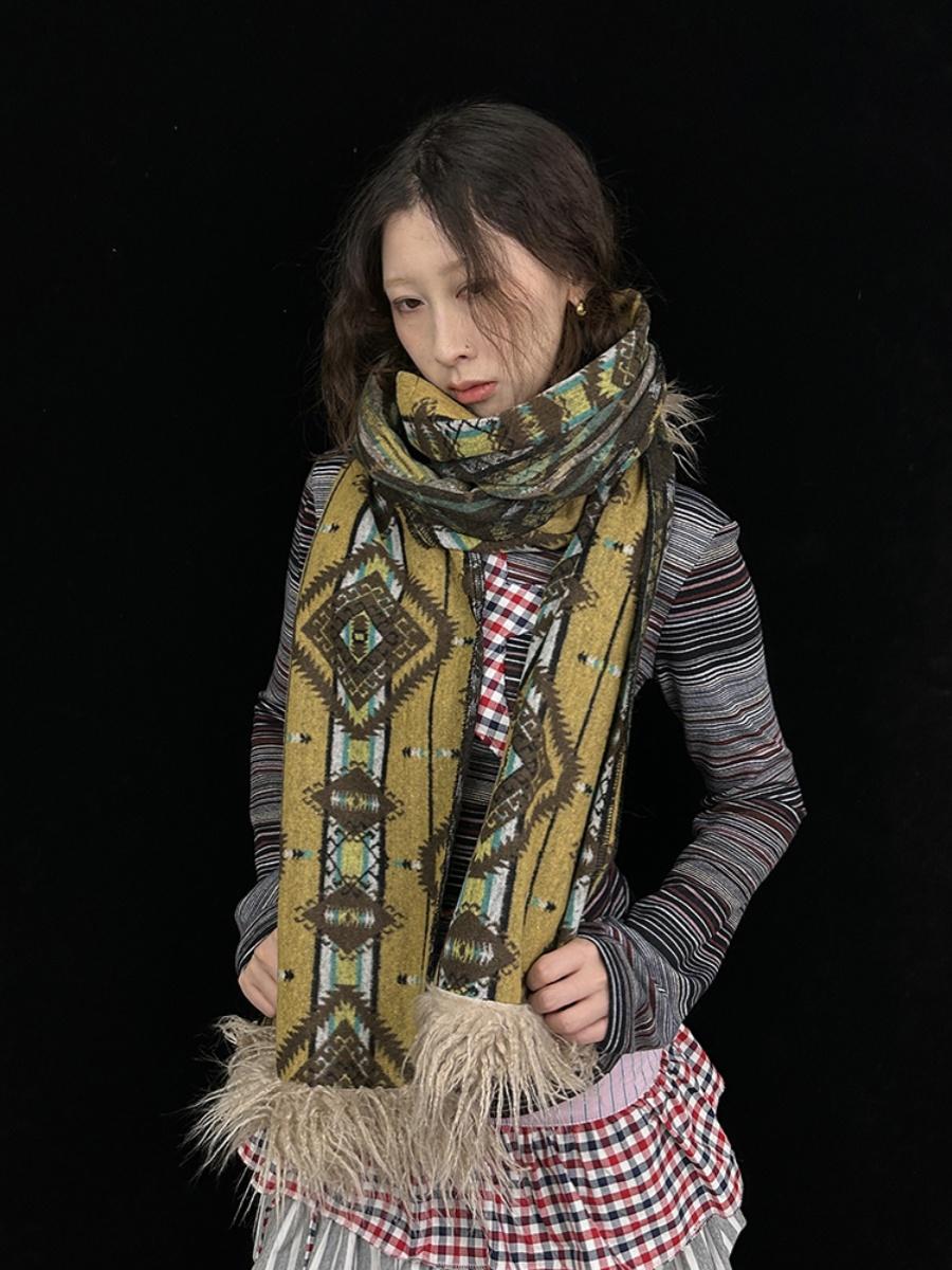 Winter Boho Fringe Plaid Scarf for Women Cozy Long Pashmina Wrap