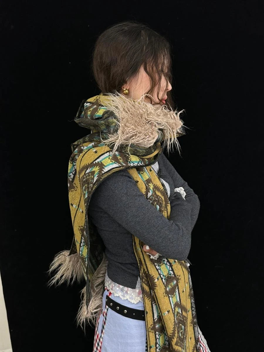 Winter Boho Fringe Plaid Scarf For Women Cozy Long Pashmina Wrap