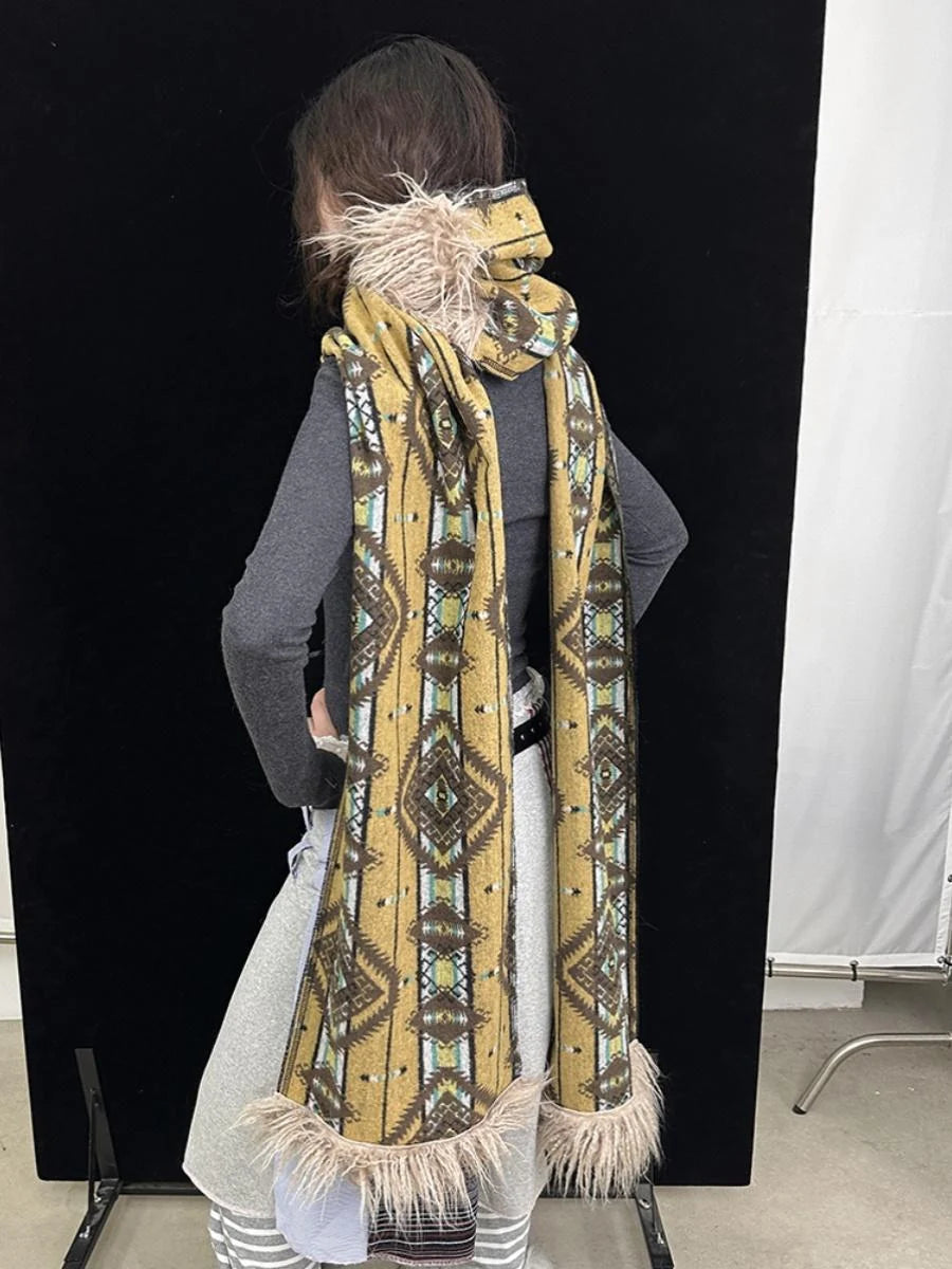 Winter Boho Fringe Plaid Scarf For Women Cozy Long Pashmina Wrap
