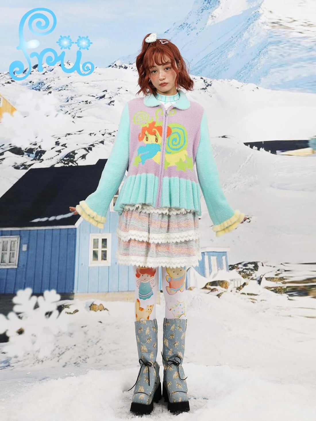 Winter Cartoon Contrast Knit Cardigan