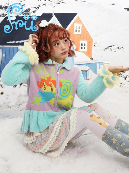 Winter Cartoon Contrast Knit Cardigan