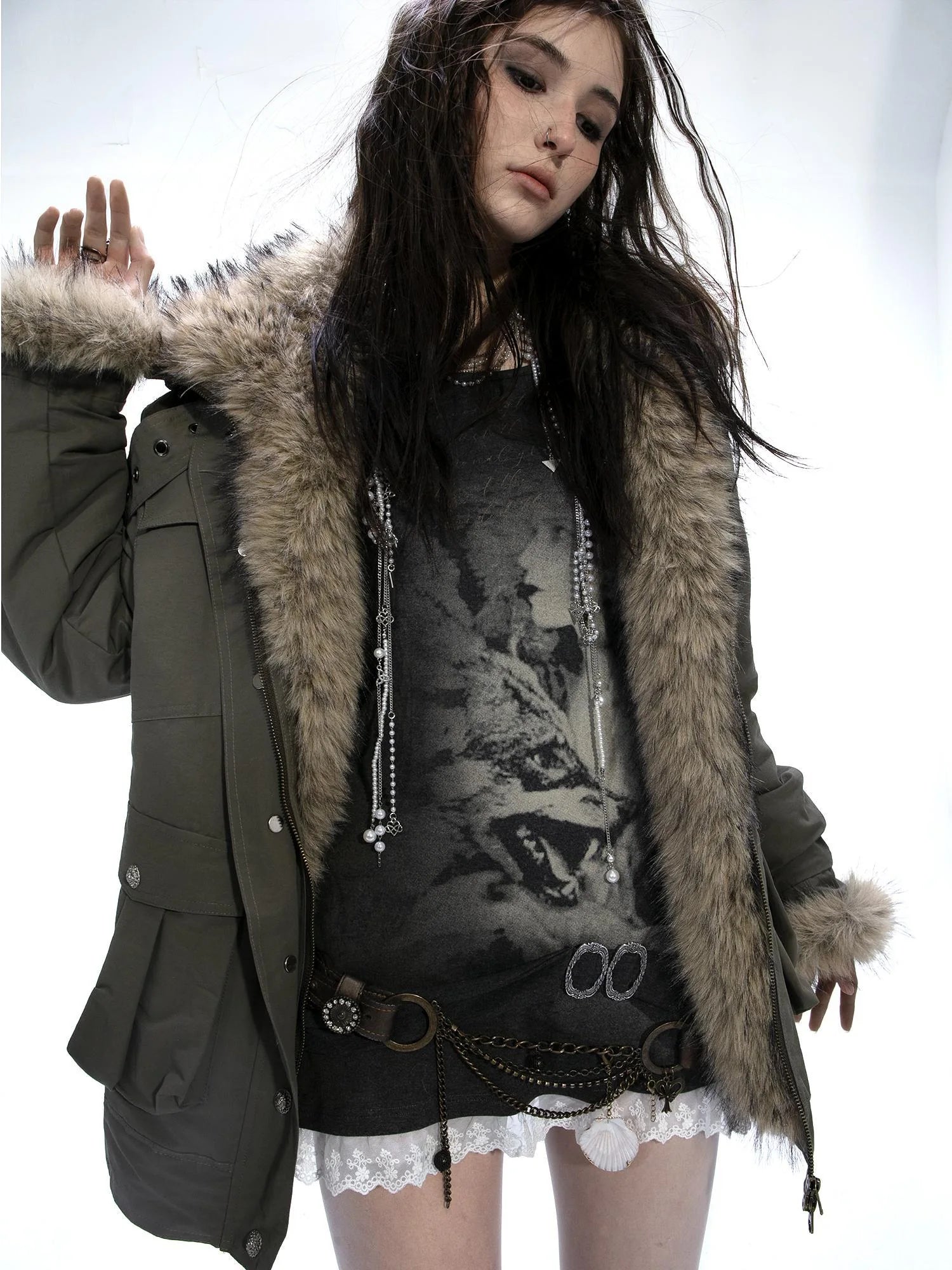 Winter Faux Fur Lined Hooded Parka Coat With Thick Fur Trim