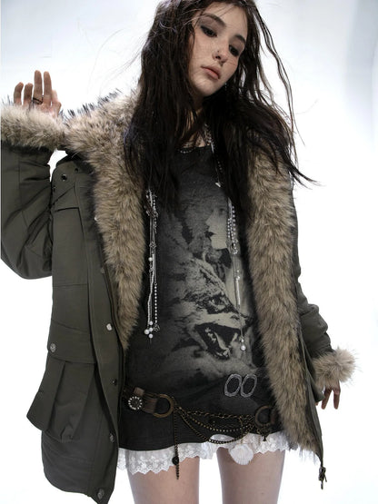 Winter Faux Fur Lined Hooded Parka Coat With Thick Fur Trim