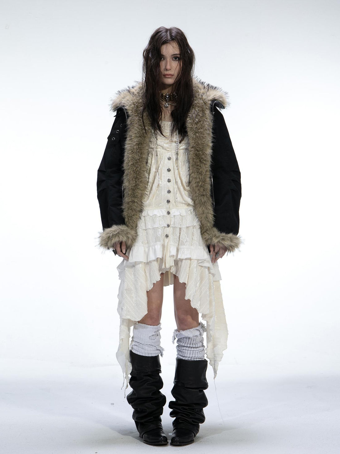 Winter Faux Fur Lined Hooded Parka Coat with Thick Fur Trim