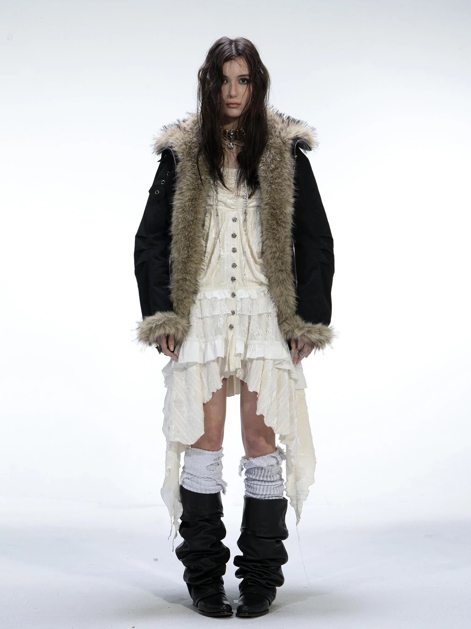 Winter Faux Fur Lined Hooded Parka Coat With Thick Fur Trim