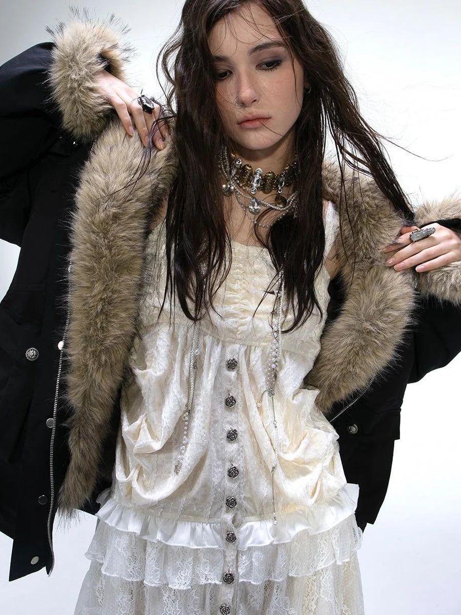 Winter Faux Fur Lined Hooded Parka Coat With Thick Fur Trim