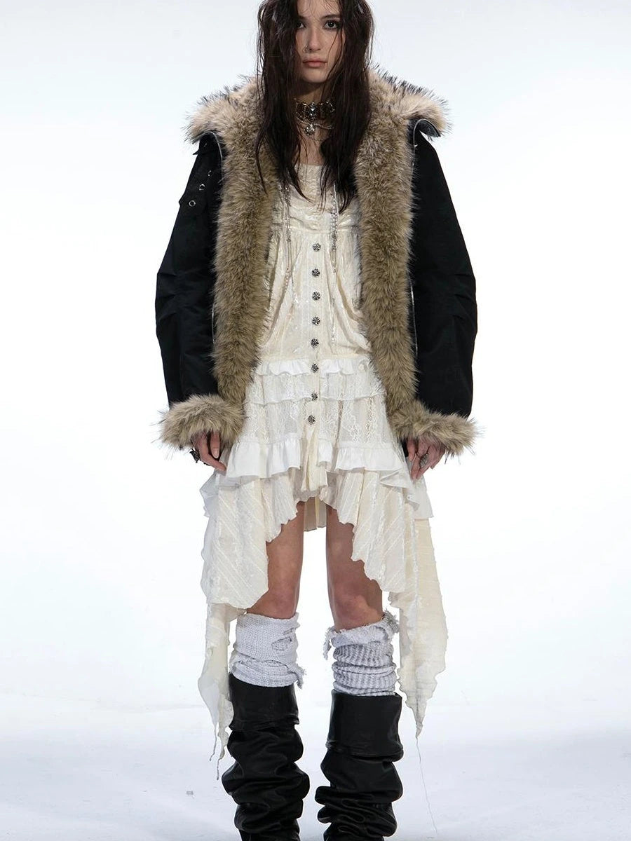 Winter Faux Fur Lined Hooded Parka Coat With Thick Fur Trim