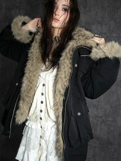 Winter Faux Fur Lined Hooded Parka Coat With Thick Fur Trim