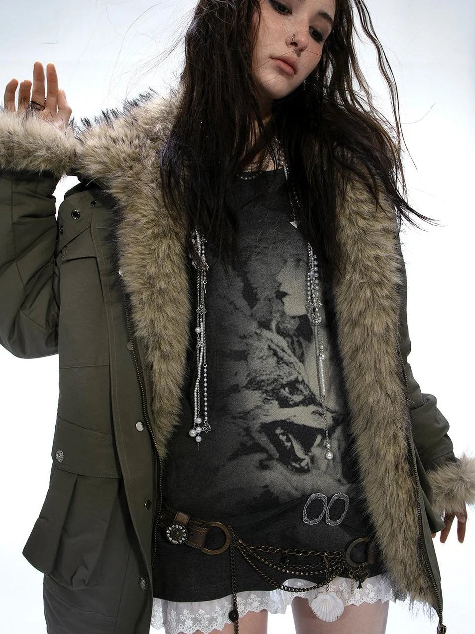 Winter Faux Fur Lined Hooded Parka Coat With Thick Fur Trim