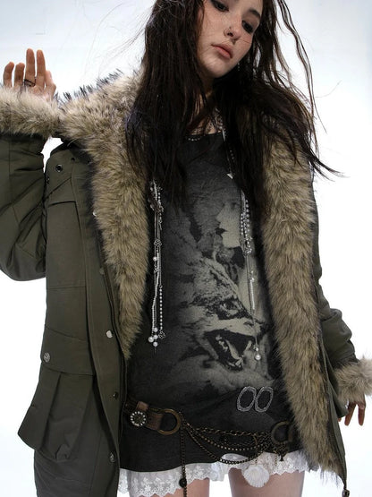 Winter Faux Fur Lined Hooded Parka Coat With Thick Fur Trim