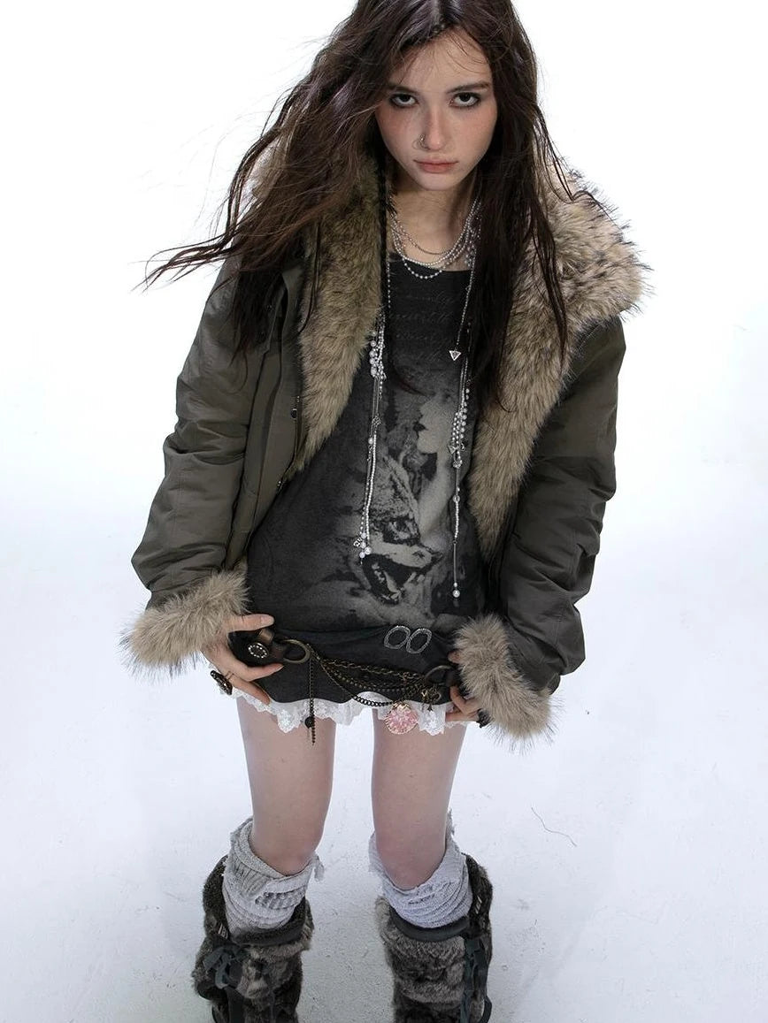 Winter Faux Fur Lined Hooded Parka Coat With Thick Fur Trim