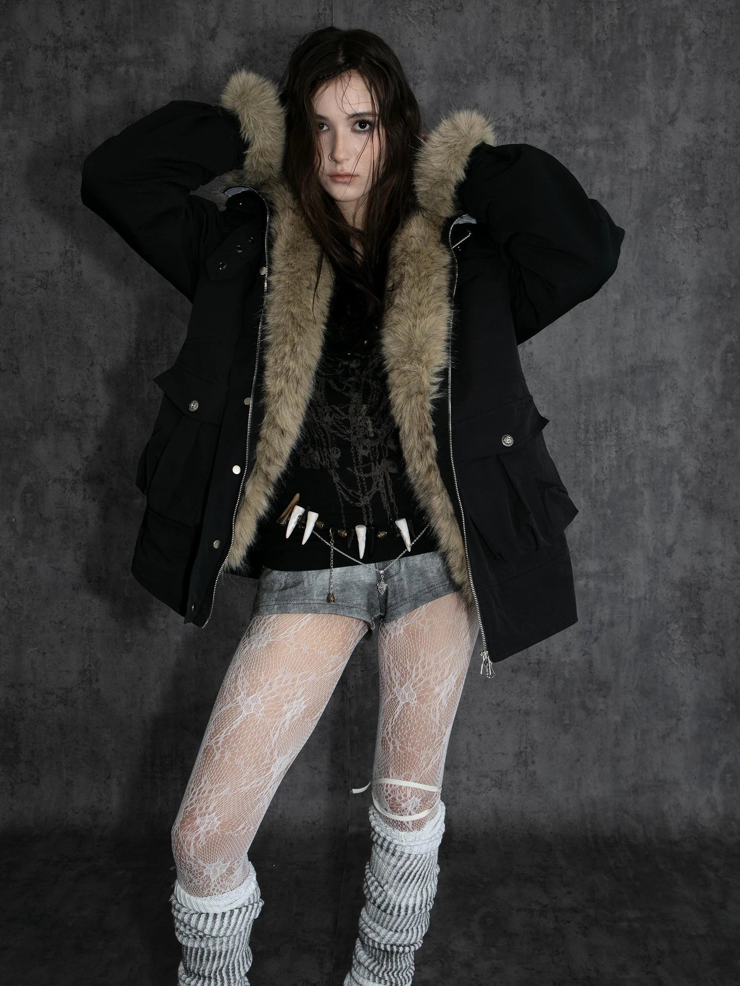 Winter Faux Fur Lined Hooded Parka Coat With Thick Fur Trim