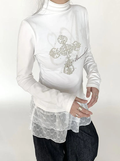 Winter First Snow Print Slim High Neck Long Sleeve T-Shirt