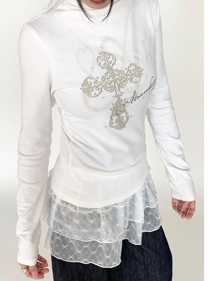 Winter First Snow Print Slim High Neck Long Sleeve T-Shirt