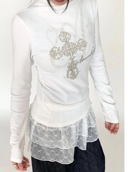Winter First Snow Print Slim High Neck Long Sleeve T-Shirt