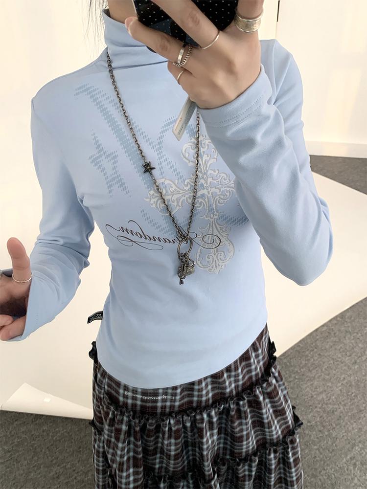 Winter First Snow Print Slim High Neck Long Sleeve T-Shirt