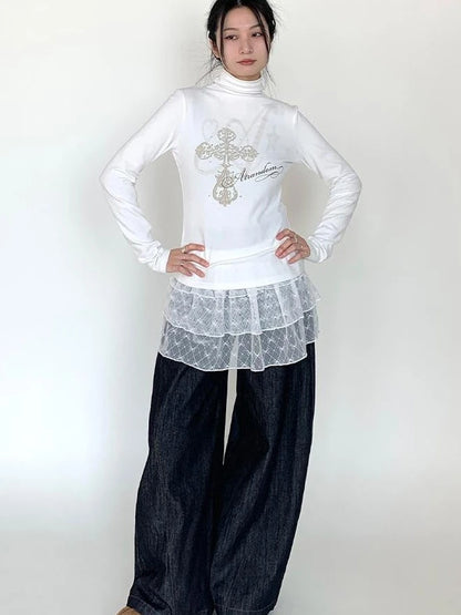 Winter First Snow Print Slim High Neck Long Sleeve T-Shirt