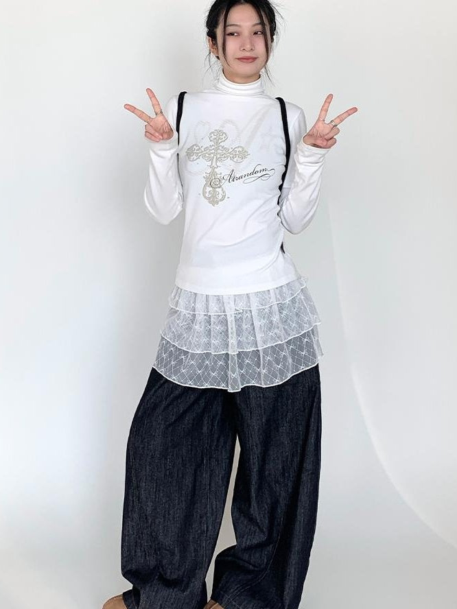 Winter First Snow Print Slim High Neck Long Sleeve T-Shirt