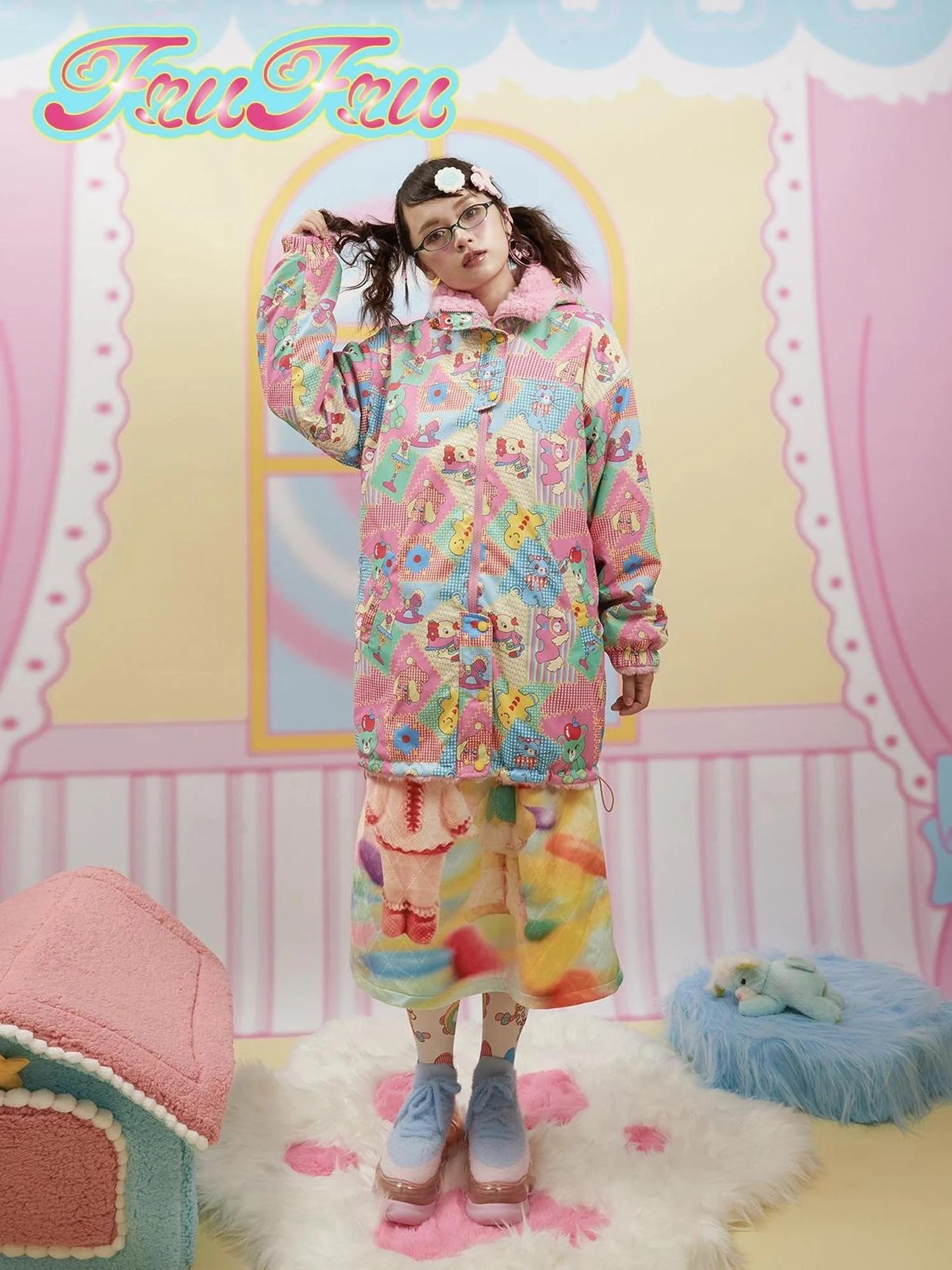 Winter Floral Print Reversible Cotton Coat For Girls