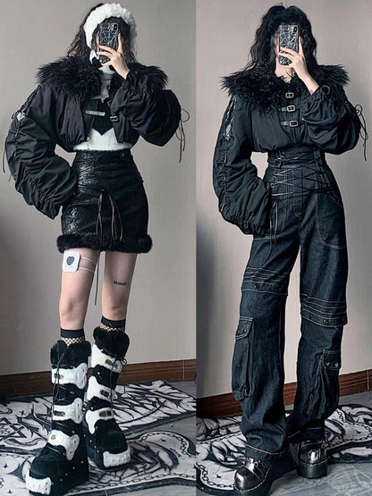 Winter Fox Fur Trimmed Cropped Jacket