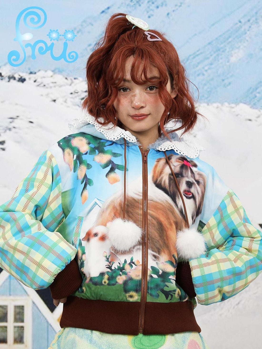 Frufru Gulu Winter Pup Print Short Puffer Coat For Girls