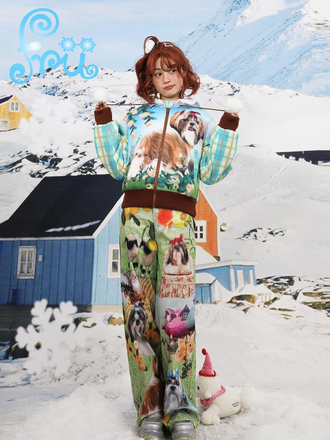 Frufru Gulu Winter Pup Print Short Puffer Coat For Girls