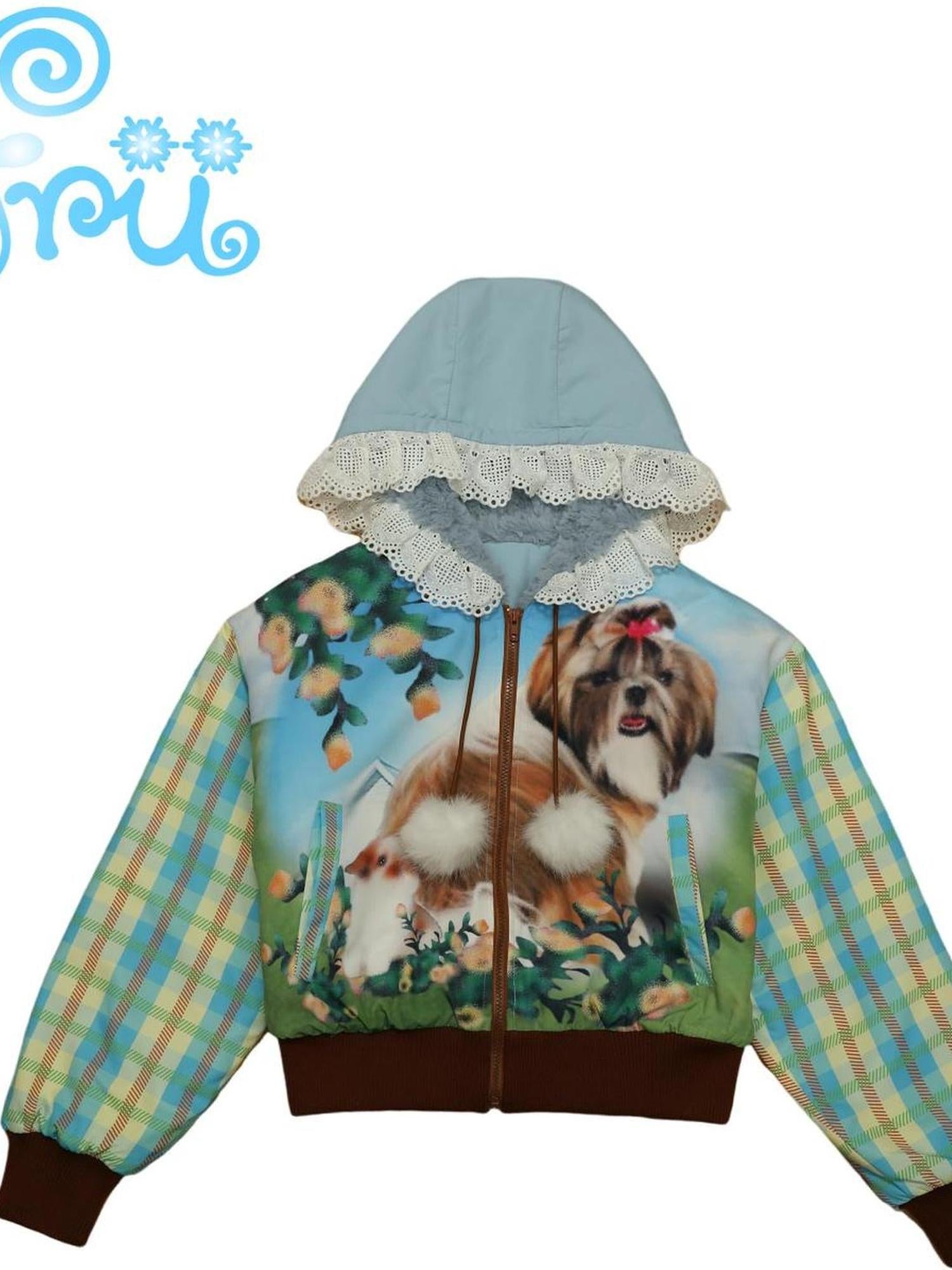 Frufru Gulu Winter Pup Print Short Puffer Coat For Girls