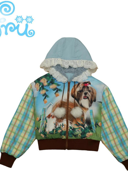 Frufru Gulu Winter Pup Print Short Puffer Coat For Girls