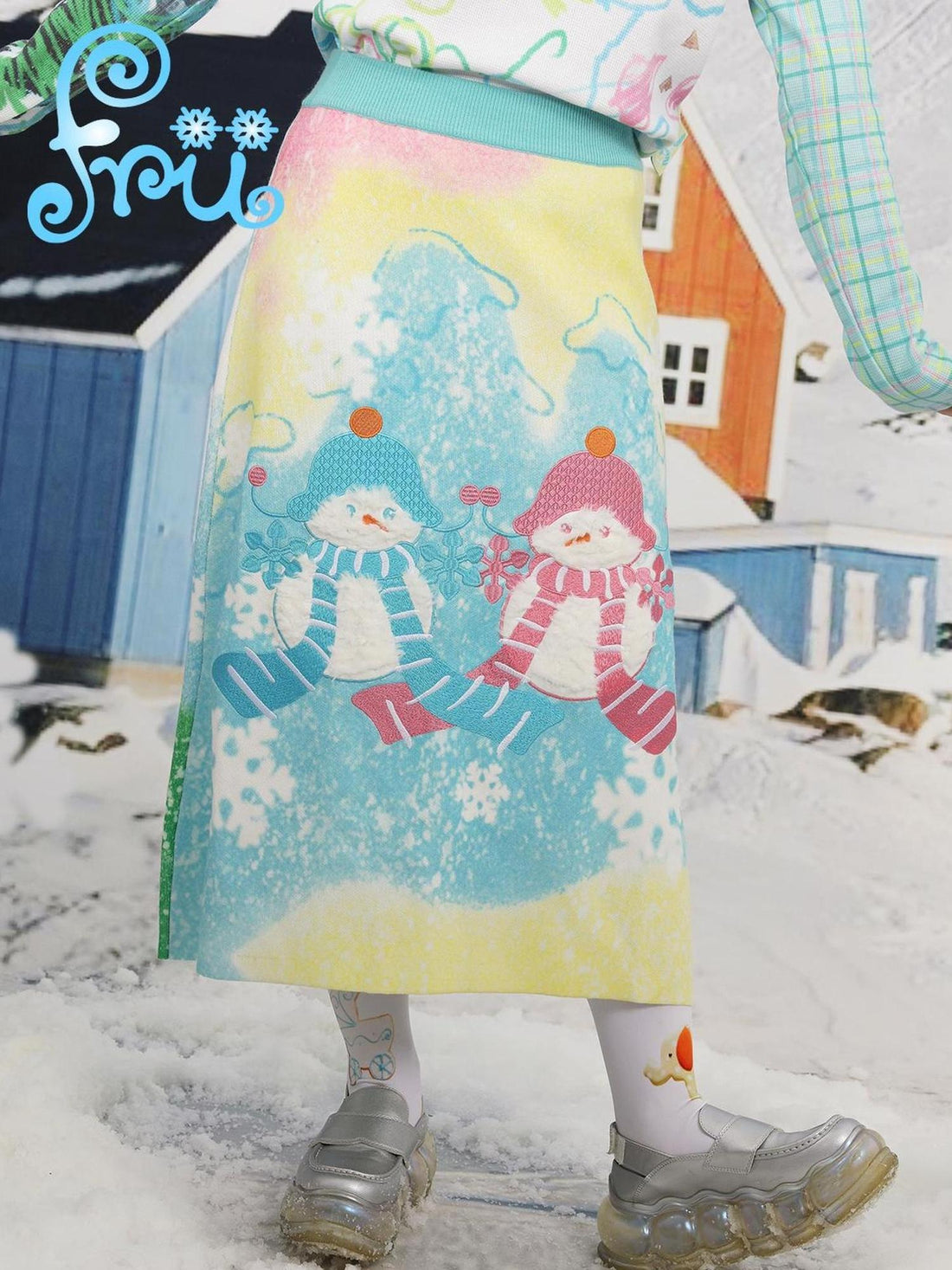 Frufru Gulu Winter Wool Knit Snowman Blue A Line Dress