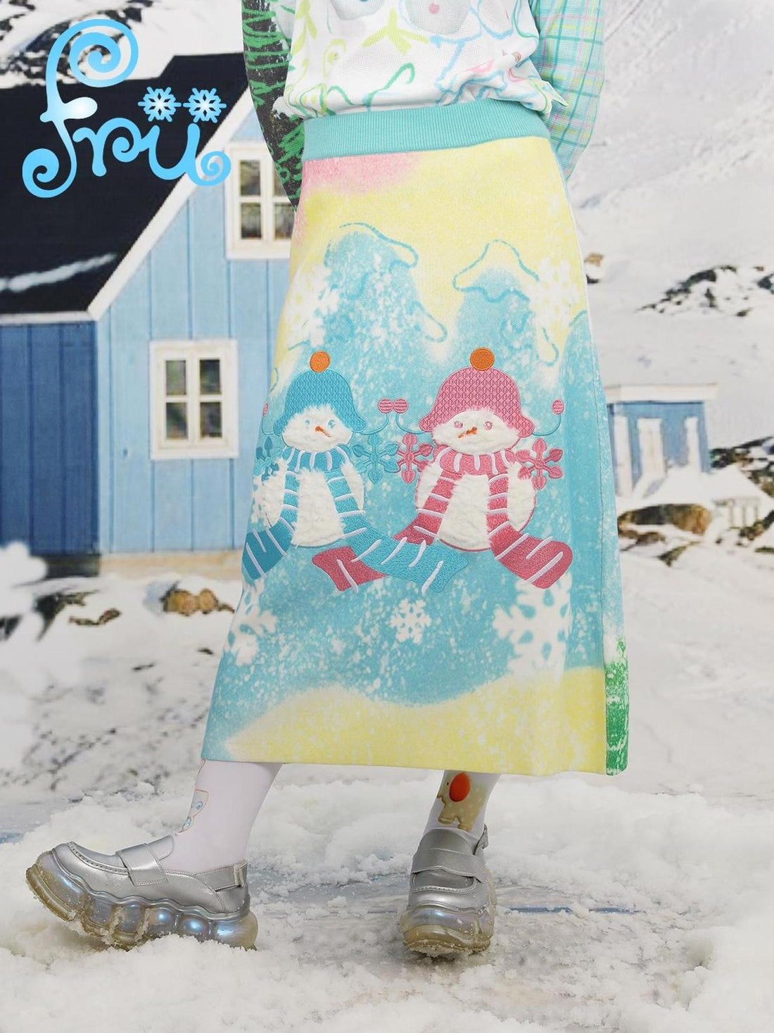 Frufru Gulu Winter Wool Knit Snowman Blue A Line Dress