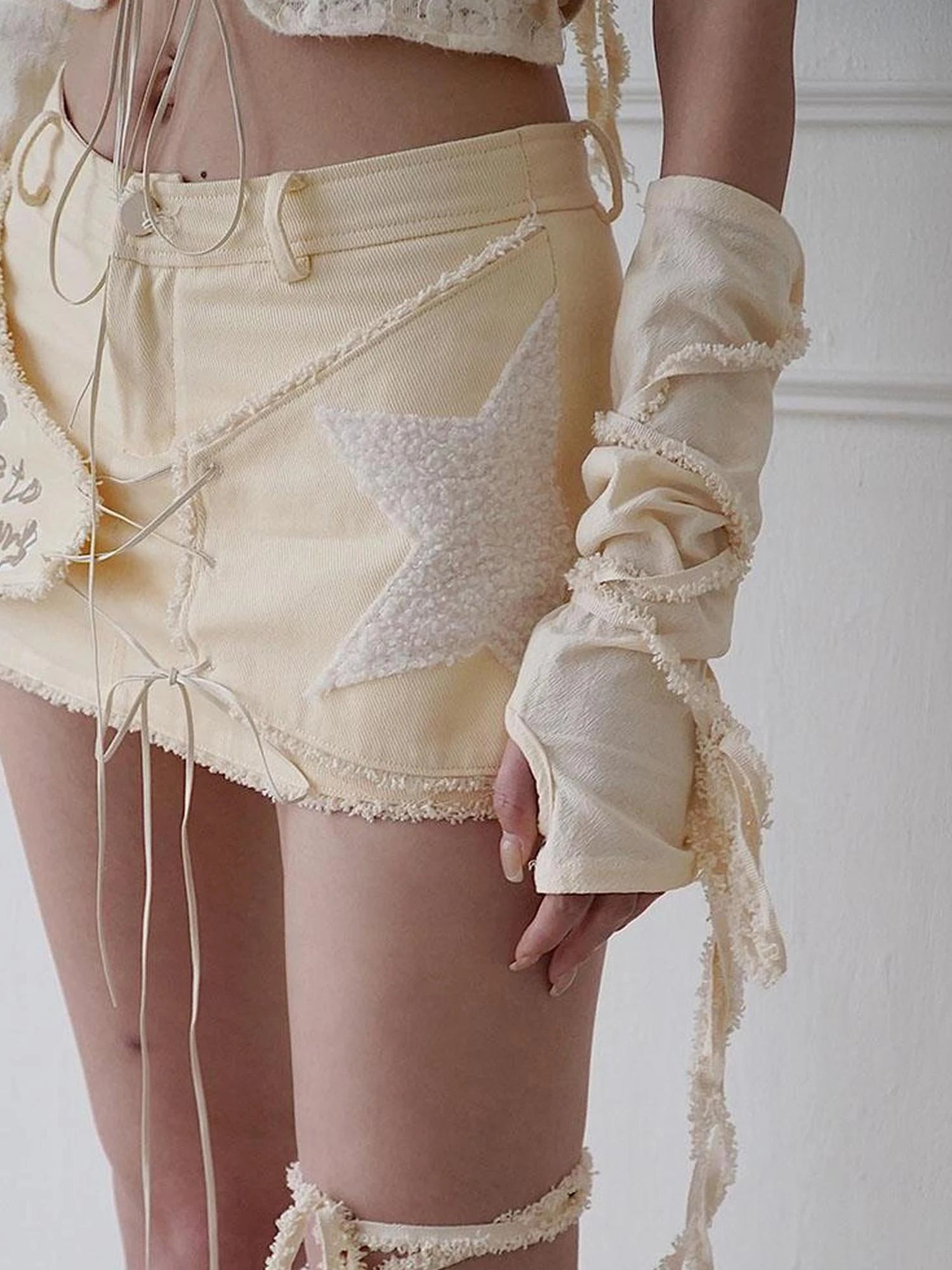 Wireless Possibilities Tie Detail Beige Multi Style Sleeve Accent