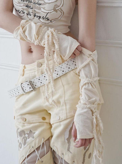 WSW WUSHENWU Wireless Possibilities Tie Detail Beige Multi Style Sleeve Accent