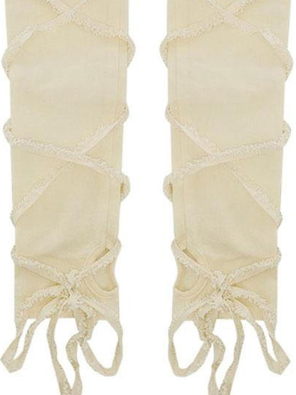 WSW WUSHENWU Wireless Possibilities Tie Detail Beige Multi Style Sleeve Accent