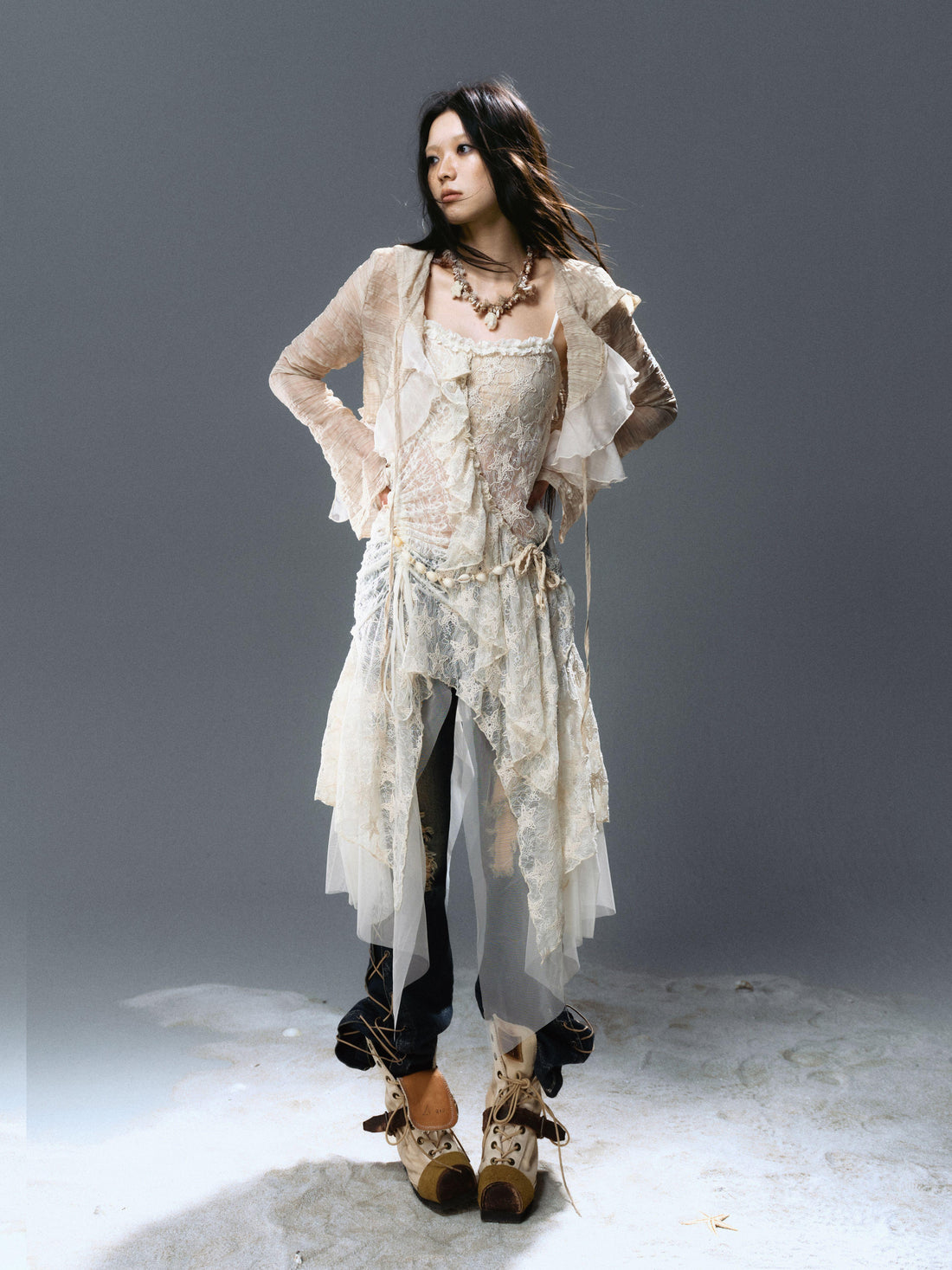 Cest Nous Witchy Crinkle Plaid Textured Peplum Chiffon Hoodie Top