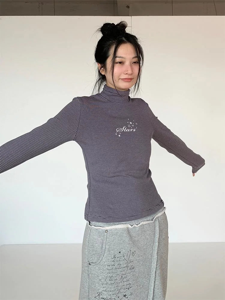 Women S Striped High Neck Long Sleeve T-Shirt