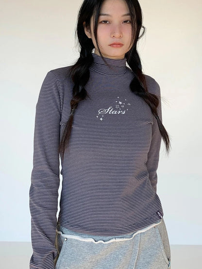 Women S Striped High Neck Long Sleeve T-Shirt