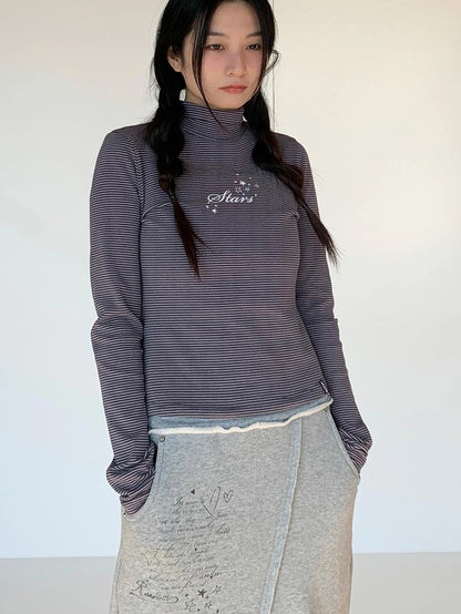 Women S Striped High Neck Long Sleeve T-Shirt