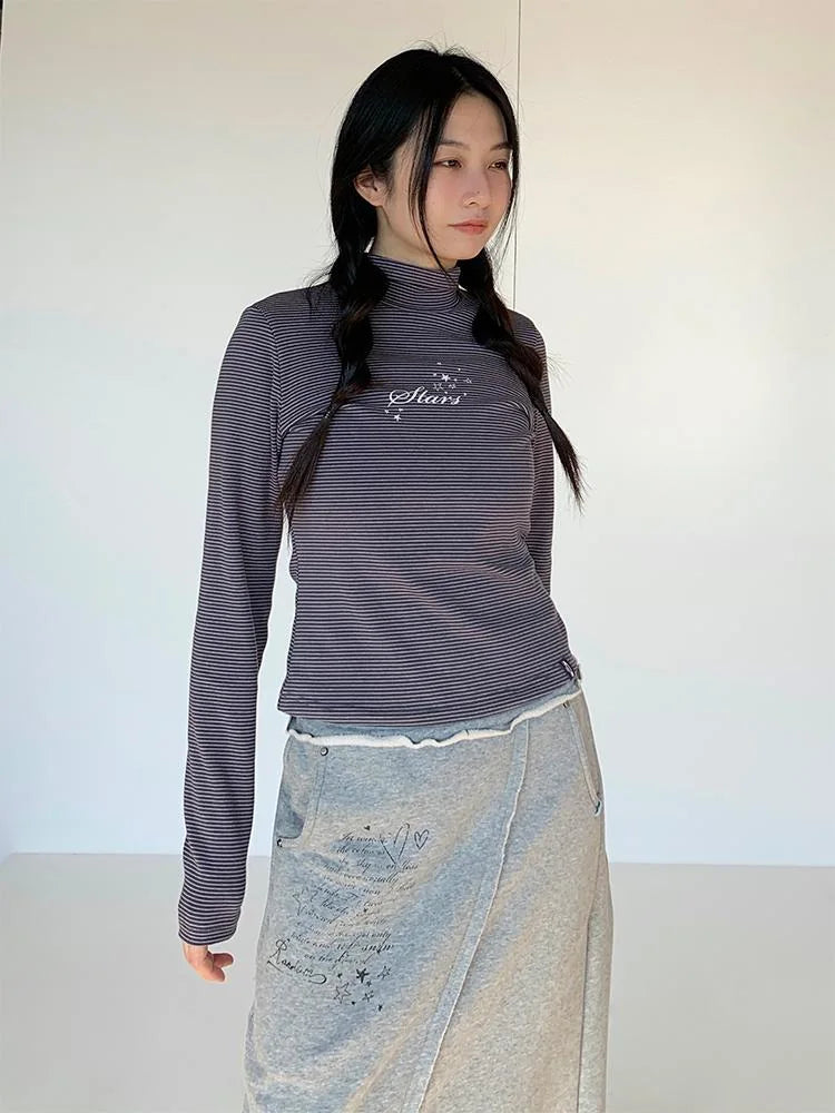 Women S Striped High Neck Long Sleeve T-Shirt