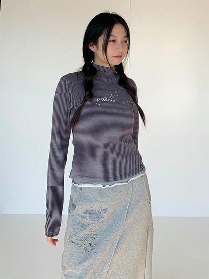 Women S Striped High Neck Long Sleeve T-Shirt