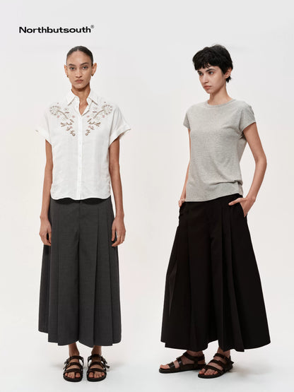 Wool Blend Pleated Wide Leg Cropped Trouser Shorts